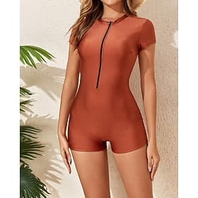 Women's Standard Rash Guard Bathing Suit Swimsuits Solid Colored Zip Up UV Protection Elastic Short Sleeve Swimwear Bodysuit Surfing Diving Swimming Summer