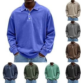 Men's Polo Shirts 100% Cotton Acid Wash Shirt Classic Long Sleeve Casual Sport Activewear Breathable Soft Buckle Acid Wash Vintage Washed Solid Color Blue Blac