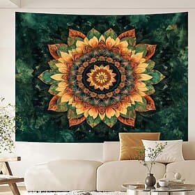 Tapisserie murale mandala vert, motif floral bohème, grand format, décoration murale esthétique pour salle de méditation zen, affiche en tissu
