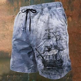Men's Nautical Sailboat Grunge Texture Swim Trunks Swim Shorts Board Shorts Mid Waist Retro Vintage Outdoor Vacation Dailywear Side Pockets Mesh Lining Elastic