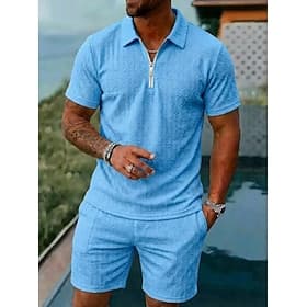 Men's Shorts and T Shirt Set Golf Shirt Polo Set Short Sleeve Lapel Summer Plain Fashion Basic Modern Jacquard 2 Piece Casual Daily Holiday Blue Black White To