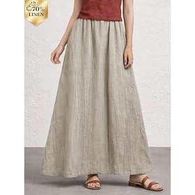 70% lino gonne da donna in lino gonne casual maxi a vita media semplici ricamate tasca anelastico giornaliero vacanza albicocca marrone chiaro autunno