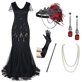 Goldene Zwanziger 1920er Bodenlang Kleid Abendkleid Outfits Kurze Ärmel Der große Gatsby Hochzeitsgast Pailletten V Ausschnitt Kostüm Damen Abendgesellschaft P