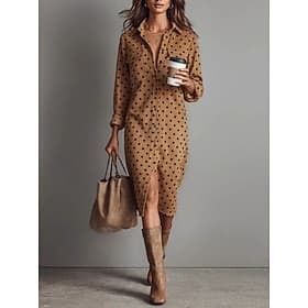 Femmes Robe Midi Robe Chemise Robe à pois Mode Classique Moderne Extérieur Vacances Sortir Coupe régulière Uni manche longue Col de chemise Marron Été Printemp