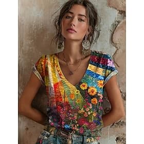 Femmes T-shirt Imprimé Fleuri Graphique ancien Élégant Classique Manche Courte Col en V Hauts Réguliers Quotidien Bleu Jaune Fuchsia Été Printemps
