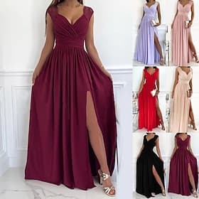 Damen Maxikleid Abschlussballkleid Partykleid A Linie Kleid Elegant Mode Modern Abendgesellschaft Party Hochzeitsgast Normale Passform Einfach Ärmellos V Aussc