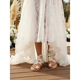 Women's Ivory White Lace Flat Sandals, Elegant Boho Bridal Shoes for Beach Wedding