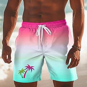 Men's Coconut Tree Sunset Gradient Color Swim Trunks Swim Shorts Board Shorts Mid Waist Hawaiian Beach Vacation Wear Side Pockets Mesh Lining Elastic Drawstrin