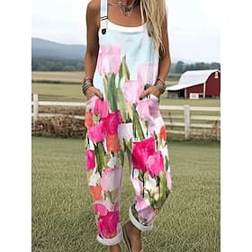 Per donna Tuta Attivo Floreale Senza Maniche Senza maniche Collo quadrato Tasca Stampato Quotidiano Vacanza Vestibilità comoda Blu Rosa Blu Reale Estate