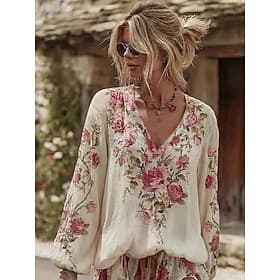 Femmes Chemise Chemises effet lin Patchwork Boutons Imprimé Fleuri Graphique Élégant Bohème ancien manche longue Col en V Hauts Longs Quotidien Fête Blanche Ét