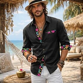 Men's Shirt Linen Shirt Summer Shirt Beach Wear Button Up Shirt Floral Casual Daily Boho Black White Pink Gray Long Sleeve Lapel Summer Spring Fall Clothing A