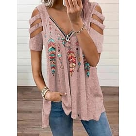 Damen Boho-Hemd Bluse Patchwork Reißverschluss Druck Grafik Blätter Stilvoll Modern Lässig Kurzarm V Ausschnitt Normale Oberteile Täglich Ferien Ausgehen Schwa