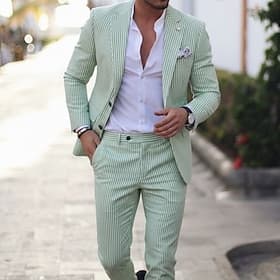 Trajes de Seersucker para Boda Casual en la Playa para Hombre de Rayas con Solapa Notch Rosa y Azul Cielo Moda Ligera Ajuste Personalizado de 2 Piezas de Un So