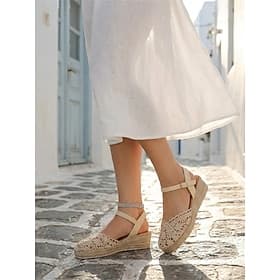 Sandales compensées espadrilles bohèmes beiges en crochet pour femmes – idéales pour les vacances d'été, les stations balnéaires et les escapades décontractées
