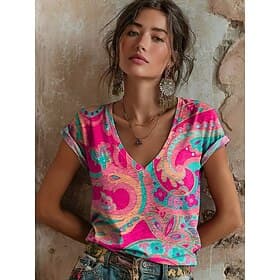 Femmes T-shirt Imprimé Fleuri Graphique ancien Élégant Classique Manche Courte Col en V Hauts Réguliers Quotidien Frêne Jaune Orange Rose Été Printemps