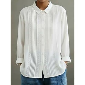 Women's Casual Shirt Button Up Shirt Blouse Lace Patchwork Solid Color Plain Bohemia Vacation Vintage Long Sleeve Turndown Long Tops Outdoor Holiday Blue White