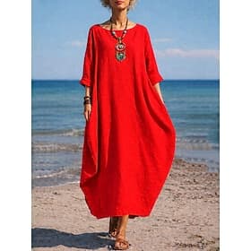Women's 100%Cotton Linen Maxi Dress Shift Dress Casual Daily Regular Fit Plain 3/4 Length Sleeve Crew Neck Blue White Red Dark Green Summer Spring Fall