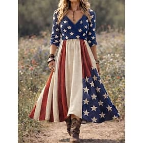 Independence Day Patriotic Women's Midi Dress Casual Dress Party Casual Boho Date Regular Fit Graphic Flag Long Sleeve V Neck Blue Summer Spring