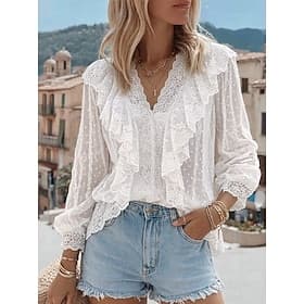 Women's Blouse Lace Ruffle Solid Color Stylish Casual Long Sleeve V Neck Regular Tops Daily White Beige Summer Spring Fall