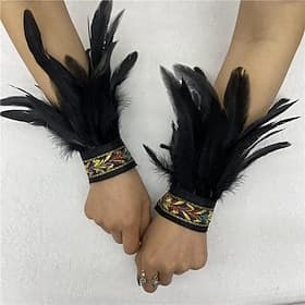 Carnaval 2026 Rio Carnaval Samba Accessoires Vrouwen Zwarte Veer Polsmanchetten met Vintage Geborduurd Band Brazilië Festival Performance Kostuum