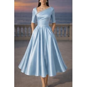 A-Line Tea Length Cocktail Dresses Elegant Semi Formal Half Sleeve V Neck Garden Party Wedding Pocket Stretch Satin with Rhinestone Pleats Beading