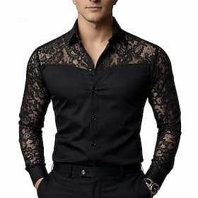 Men's Shirt Dress Shirt Button Up Shirt Prom Shirt Solid Color Prom Wedding Black Long Sleeve Turndown All Seasons Clothing Apparel Lace