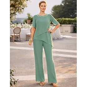 Conjunto de Calça Vestido da Mãe da Noiva Comprimento Longo Manga Curta Decote Quadrado Elegante Simples Convidada de Casamento com Cor Sólida