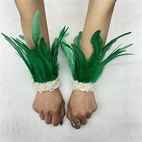 Carnaval 2026 Rio Carnaval Samba Accessoires Vrouwen Groene Veer Polsmanchetten met Witte Parels Kant Brazilië Festival Performance Kostuum