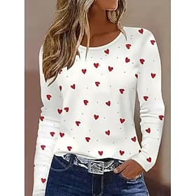 Valentinstag Damen T Shirt Druck Herz Grafik Vintage Mode Stilvoll Langarm Rundhalsausschnitt Normale Oberteile Täglich Wochenende Weiß Rote Sommer Frühling