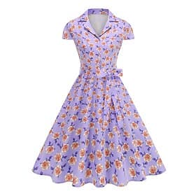 1950s Retro Vintage Rockabilly Midi Swing Dress Flare Dress Short Sleeves Floral Fit Flare Swing Fancy Dress Women's Carnival Valentine's Day Masquerade Vacat