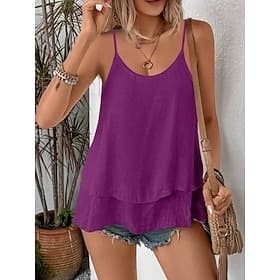 Mujer Camiseta sin mangas Volante Plano Moda Moderno Casual Sin Mangas Cuello Barco Tops regulares Diario Fin de semana Negro Morado Naranja Verde Trébol Beige