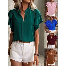Women's Shirt Blouse Ruffle Patchwork Plain Elegant Stylish Modern Short Sleeve V Neck Regular Tops Daily Holiday Going out Blue Black Yellow Wine Rose Pink Su