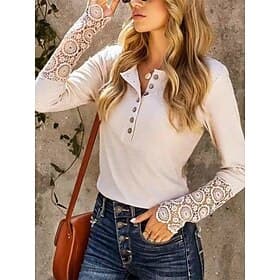 Damen Hemd Bluse Spitzentops Spitze Knöpfe Einfach Stilvoll Klassisch Modern Langarm V Ausschnitt Normale Oberteile Täglich Ferien Ausgehen Aprikose Sommer Frü