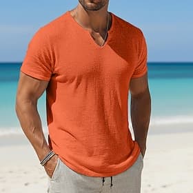 Homme T-shirt en coton et lin T-shirt Manches courtes Col en V Été Uni Mode Designer Basique Classique Vacances Décontracté Quotidien Jaune T-shirt haut de gam