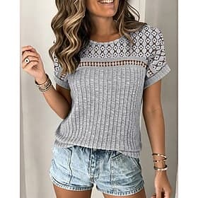 Damen Bluse Spitze Einfarbig Stilvoll Klassisch Lässig Kurzarm Rundhalsausschnitt Normale Oberteile Täglich Blau Schwarz Grün Beige Grau Sommer Frühling