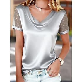 Women's Satin Shirt Summer Shirt T Shirt Blouse Patchwork Mesh Plain Elegant Fashion Stylish Short Sleeve Cowl Neck Regular Tops Daily Party Going out Black Pi