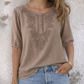 Women's Cotton Linen T Shirt Embroidered T-shirt Buttons Vintage Ethnic Casual Half Sleeve Puff Sleeve Henley Regular Tops Daily Going out Blue White Yellow Or