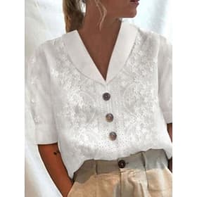 Women's Summer Shirt Casual Shirt Blouse Lace Patchwork Buttons Solid Color Elegant Stylish Casual Short Sleeve Turndown Regular Tops Daily Outdoor Holiday Whi