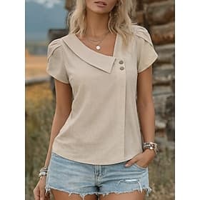 Femmes Chemise d'été Chemise Décontractée Chemisier Boutons Couleur Unie Élégant Occasionnel Manche Courte Col en V Hauts Réguliers Quotidien Plage Fête Noir R