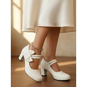Women's 1950s Vintage White Mary Jane Heels - Elegant Round Toe Block Heel Pumps with Side Bow - Classic Retro Pin-Up Shoes for Formal Occasions