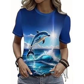 Women's T Shirt Print Ocean Stylish Classic Casual Short Sleeve Crew Neck Regular Tops Daily Blue Royal Blue Sky Blue Dark Green Summer Spring