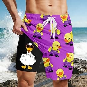 Men's Funny Duck Middle Finger Lined Shorts 2 in 1 Board Shorts Swim Shorts Mid Waist Hawaiian Beach Vacation Wear Side Pockets With Compression Liner Elastic
