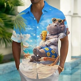Homme Animal Girafe Hippopotame Chemise hawaïenne Chemise Boutonnée Chemise Aloha Manche Courte Hawaïen Vacances Tenue de plage Été Printemps Col Rabattu Impre