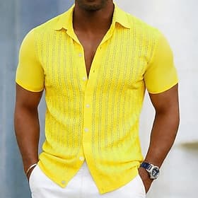 Men's Shirt Summer Shirt Button Up Shirt Cardigan Black Yellow Purple Deep Blue Short Sleeve Striped Fashion Lapel Casual Daily Wear Hole Clothing Apparel Mode