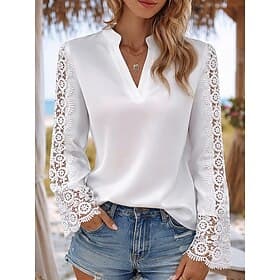 Women's Blouse Lace Solid Color Elegant Stylish Basic Long Sleeve V Neck Regular Tops Daily White Summer Spring Fall