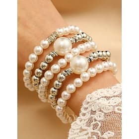 Women's Faux Pearl Bracelet Set, Elegant Silver and Pearl Design, Multiple Styles for Weddings, Parties, Formal Events, and Bridal Accessories