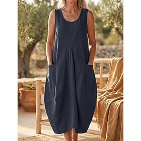 Robe mi-longue en coton 100% pour femme, robe droite, robe d'été, robe débardeur, mode moderne, vacances en plein air, coupe ample, unie, col rond, vert armée,
