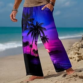 Herren Kokospalme Sonnenuntergang Tropische Pflanzen Hose Freizeithose Baggy-Hosen Mittlere Taille Hawaiianisch Outdoor Urlaub Strandbekleidung Elastischer Kor