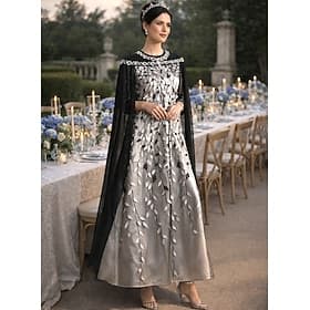 A-Linje Gulvlengde Festkjole Cocktailkjole Bryllupsgjest Kjole Mor til Bruden Kjole Lange Ermer Crew Neck Elegant Formell Bryllupsgjest med Broderi