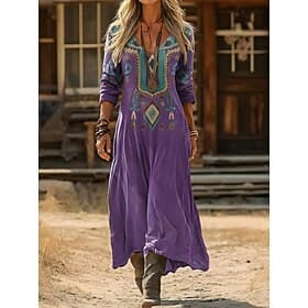 Robe maxi femme robe boho robe de soleil robe décontractée de soirée coupe régulière graphique paisley tribal à manches longues col en V rouge violet beige été